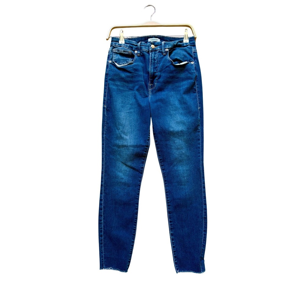 Good American Women's 28 Size High Rise Skinny Jeans Dark Wash Raw Hem Denim